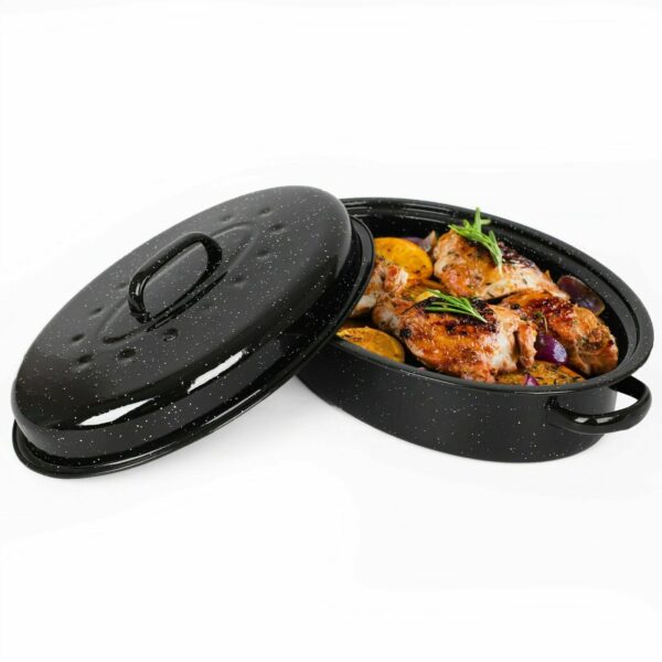 Roaster Enamel Self-Basting Roasting Pot Lid, Non Stick, Oven Safe Black Tin