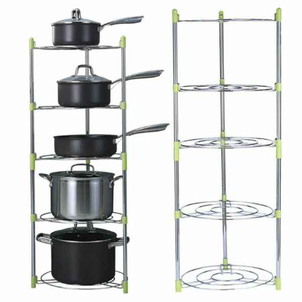 FIVE TIER KITCHEN RACK PAN STAND SAUCEPAN POT FRYING PAN HOLDER CHROME NEW