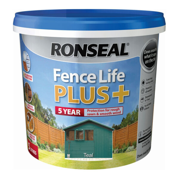 Ronseal Fence Life Plus+ 5 Litre Garden Shed Fence Paint Protect TEAL