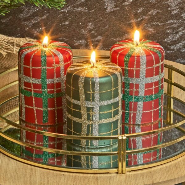 3 Pc 40hr Wax Red & Green Glitter Candles Home Celebration Tartan Table Décor